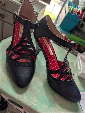 B.A.I.T 💙 Blue T-Strap Heels with Red Polka Dot Lining